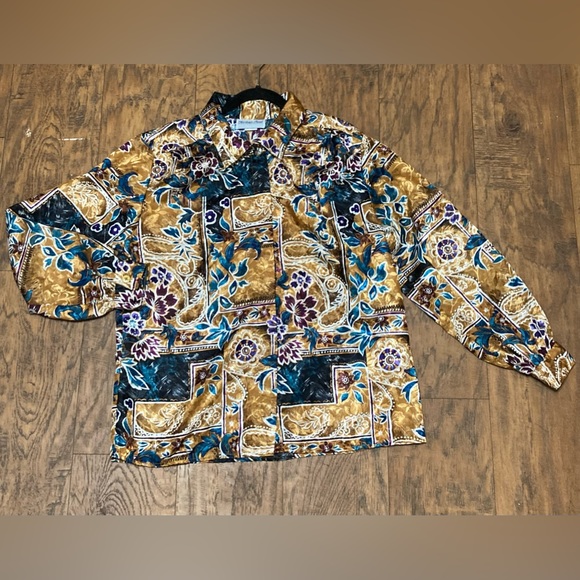 Vintage polyester button up collared shirt long puff sleeve floral design sz14 - Picture 16 of 16